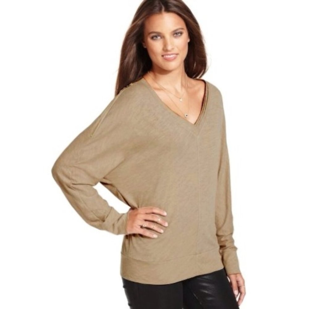 NEW Rachel Roy Dolman-Sleeve V-Neck Zippers Edgy Tan Knit Long Sleeve Blouse XS